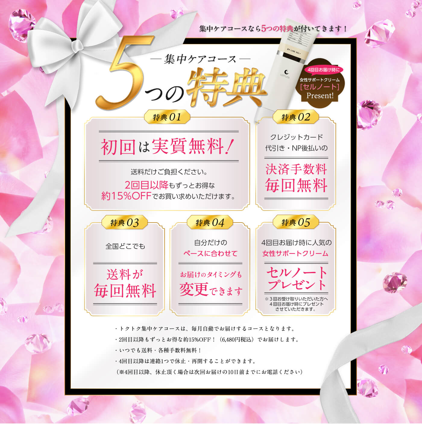 トクトク集中ケアコースなら5つの特典が付いてきます!1、初回は実質無料!送料だけご負担ください。2回目以降もずっとお得な約15%OFFでお買い求めいただけます。2、クレジットカード・代引き・NP後払いの決済手数料毎回無料!3、全国どこでも送料が毎回無料!4、自分だけのペースに合わせて、お届けのタイミングも変更できます!5、4回目お届け時に人気のバストケアクリーム”セルノート”をプレゼント!!※3回お受け取りいただいた方へ4回目お届け時にプレゼントさせていただきます。注意事項が数点あります。トクトク集中ケアコースは、毎月自動でお届けするコースとなります。・2回目以降もずっとお得な約15%OFF!(6,480円税込)でお届けします。・いつでも送料・各種手数料無料!・4回目以降は連絡1つで休止・再開することができます。(※4回目以降、休止頂く場合は次回お届けの10日前までにお電話ください)